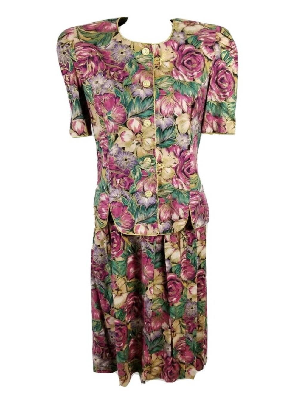 VINTAGE 80s S.L. Fashions Floral Shirt Skirt  Womens 12 Cotton Rayon 2 Piece 70s